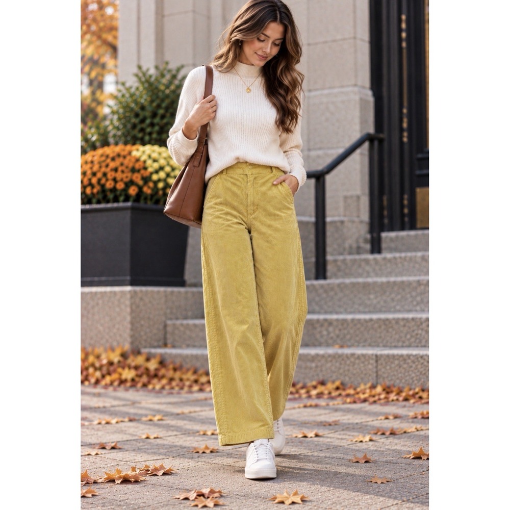 Cortefiel Wide Corduroy Trouser Pants Women's 10 Yellow Straight Leg Classic